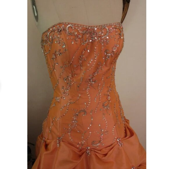 Late 1990's Alyce Designs Topaz Orange Taffeta Ballgown Prom Dress with Pickups - Picture 3 of 6
